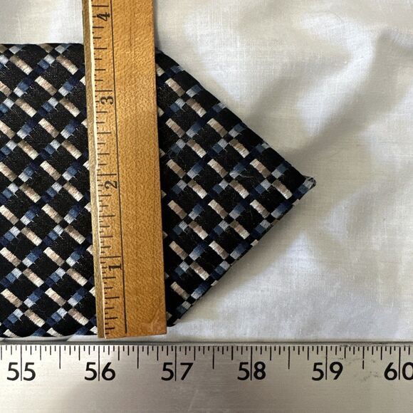 Canali Italy Silk Tie Geometric Woven Pattern Black Blue Beige Checkered Design - Picture 2 of 7